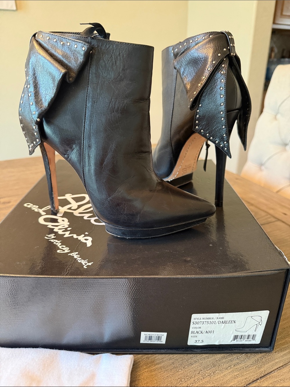 Alice + Olivia Black Leather Stiletto Ankle Boots with Studded Bow